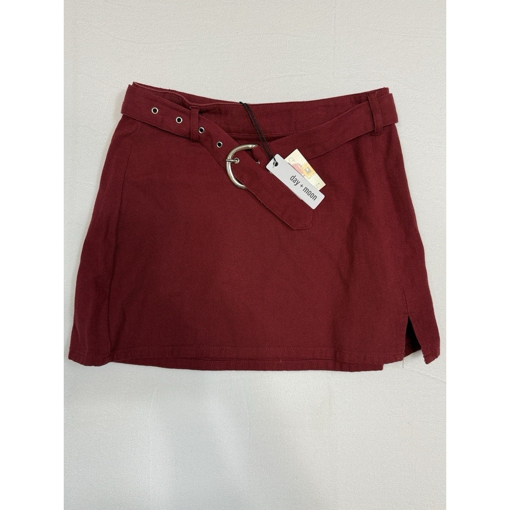 Day + Moon Maroon Belted Mini Skirt Women M Cotton A-Line Side Slit NWT Y2K‎